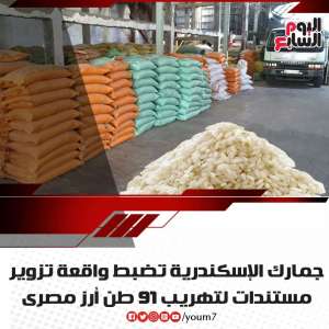 جمارك الاسكندريه تضبط واقعة تزوير مستندات لتهريب 91 طن ارز مصري