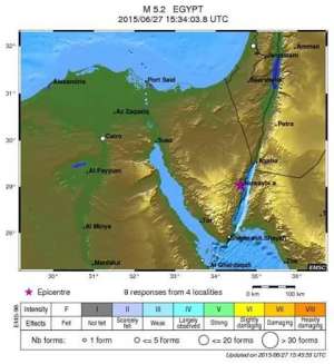 مركز الزالزال جنوب شرق سيناء بقوة 5.1 علي مقياس ريختر